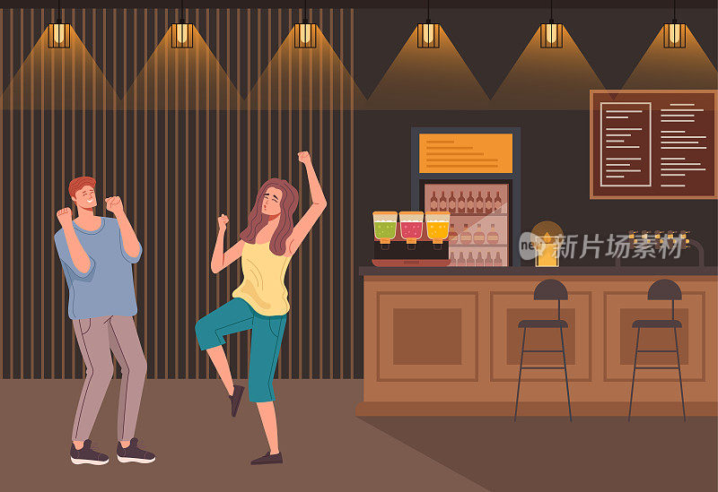 People characters dancing in bar pub cafe. Vector flat graphic design cartoon illustration